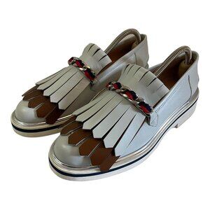 Pollini Size 39 Leather Moccasin Loafers Gray Fringe Chain Slip On Shoes